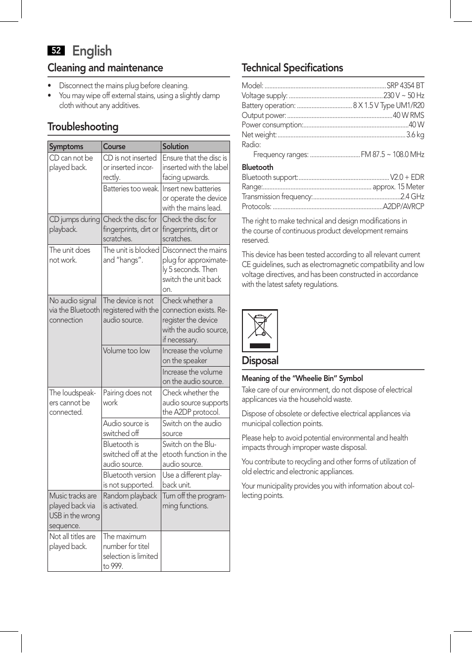 English, Cleaning and maintenance, Troubleshooting | Technical specifications, Disposal | AEG SRP 4354 BT User Manual | Page 52 / 86