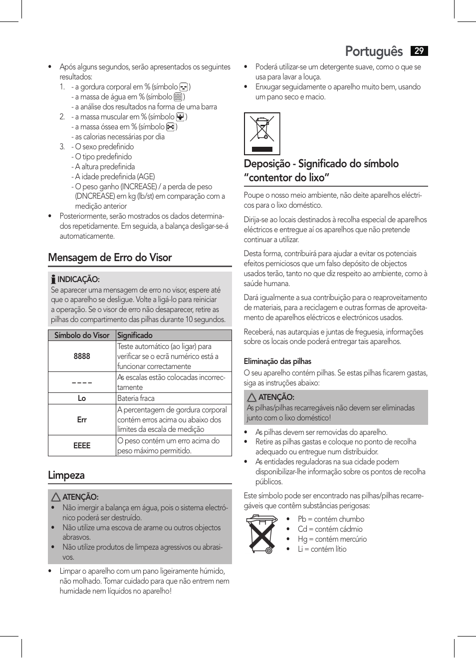 Português, Mensagem de erro do visor, Limpeza | AEG PW 5571 FA User Manual | Page 29 / 62