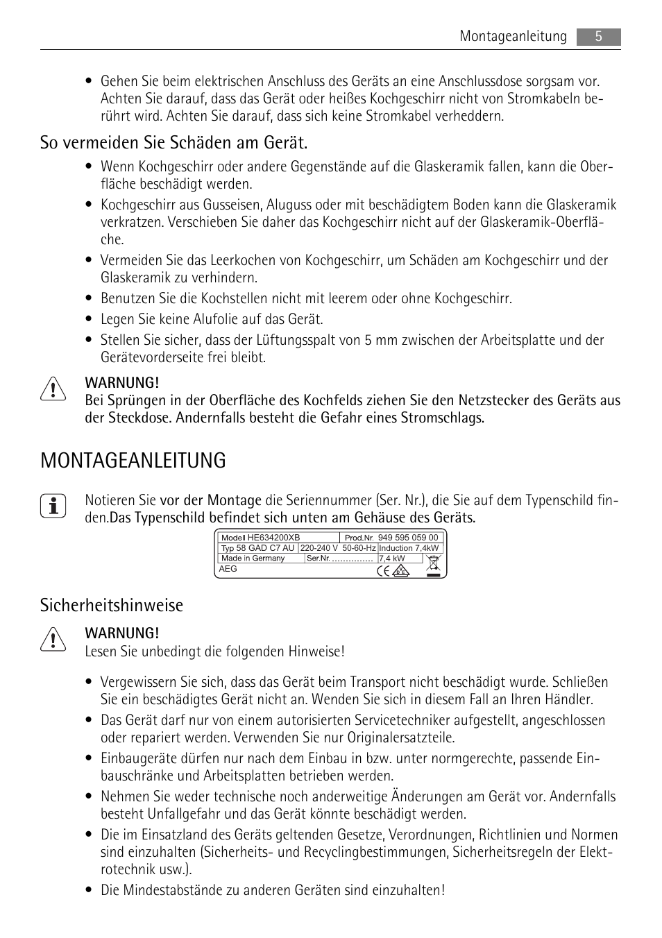 Montageanleitung, So vermeiden sie schäden am gerät, Sicherheitshinweise | AEG HC652600EB User Manual | Page 5 / 64