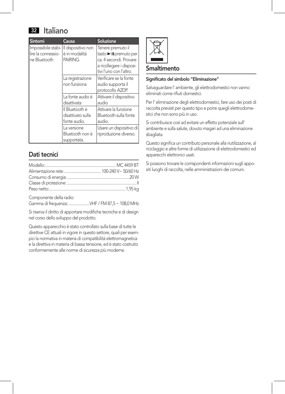 Italiano, Dati tecnici, Smaltimento | AEG MC 4459 BT User Manual | Page 32 / 42