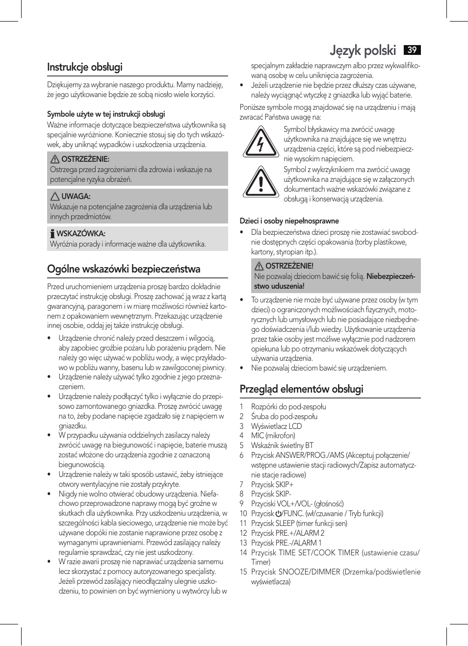 Język polski, Instrukcje obsługi, Ogólne wskazówki bezpieczeństwa | Przegląd elementów obsługi | AEG KRC 4361 BT User Manual | Page 39 / 62