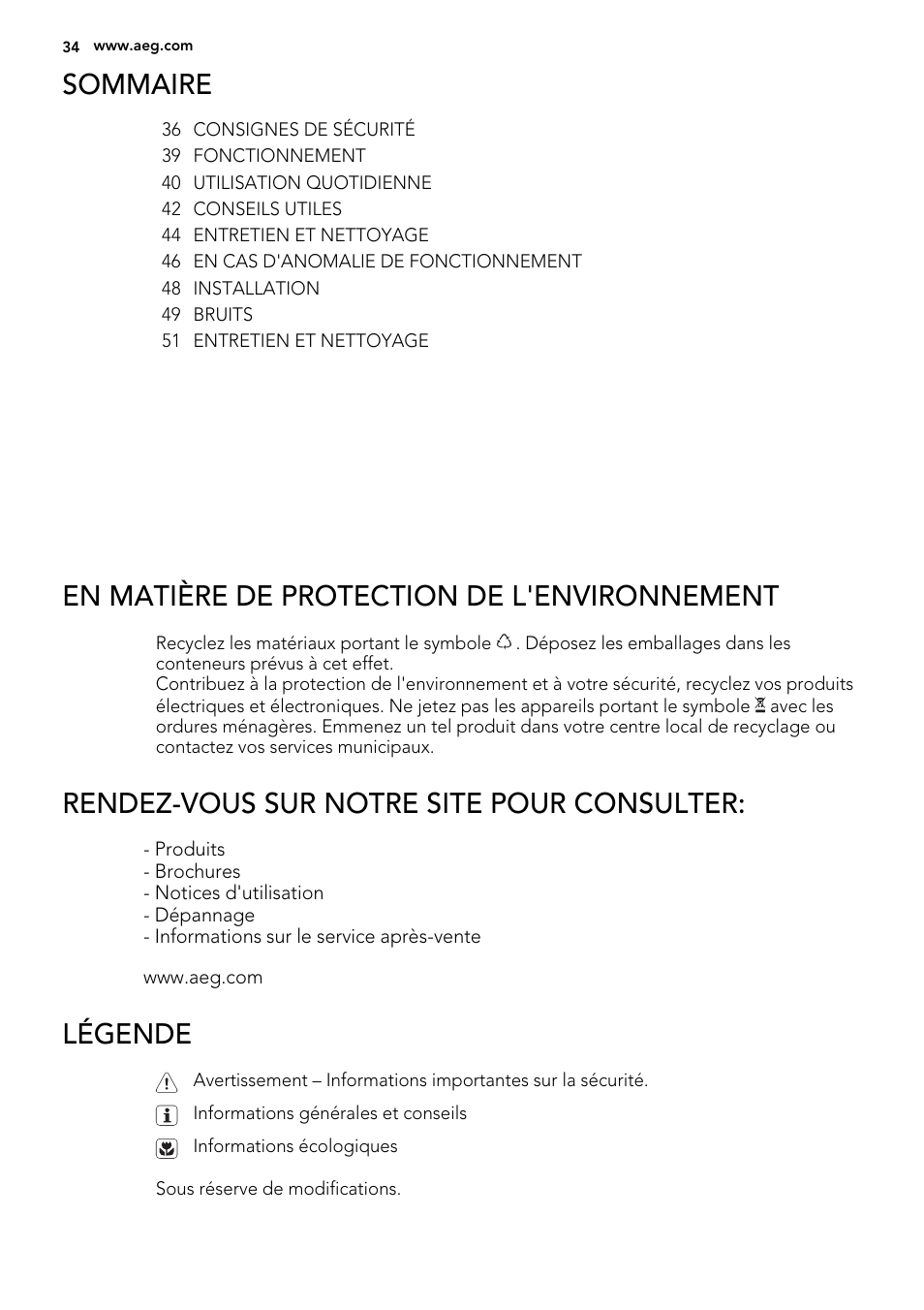Sommaire, En matière de protection de l'environnement, Rendez-vous sur notre site pour consulter | Légende | AEG SKS51000S0 User Manual | Page 34 / 72