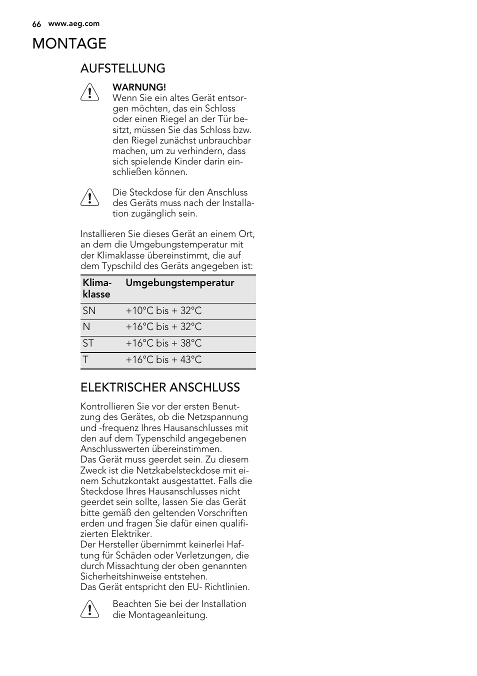 Montage, Aufstellung, Elektrischer anschluss | AEG SKS51000S0 User Manual | Page 66 / 72