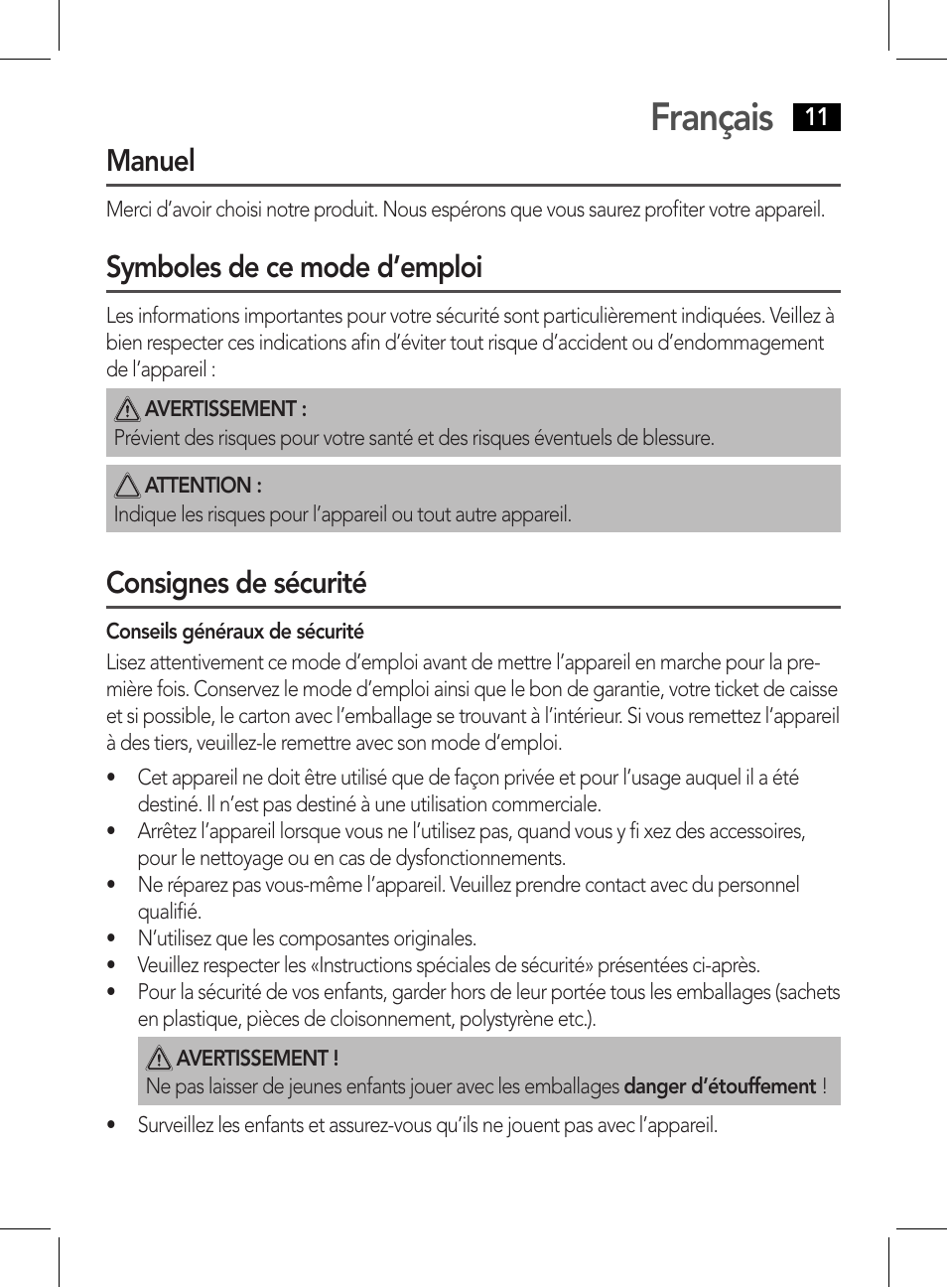 Français, Manuel, Symboles de ce mode d’emploi | Consignes de sécurité | AEG NE 5609 User Manual | Page 11 / 44