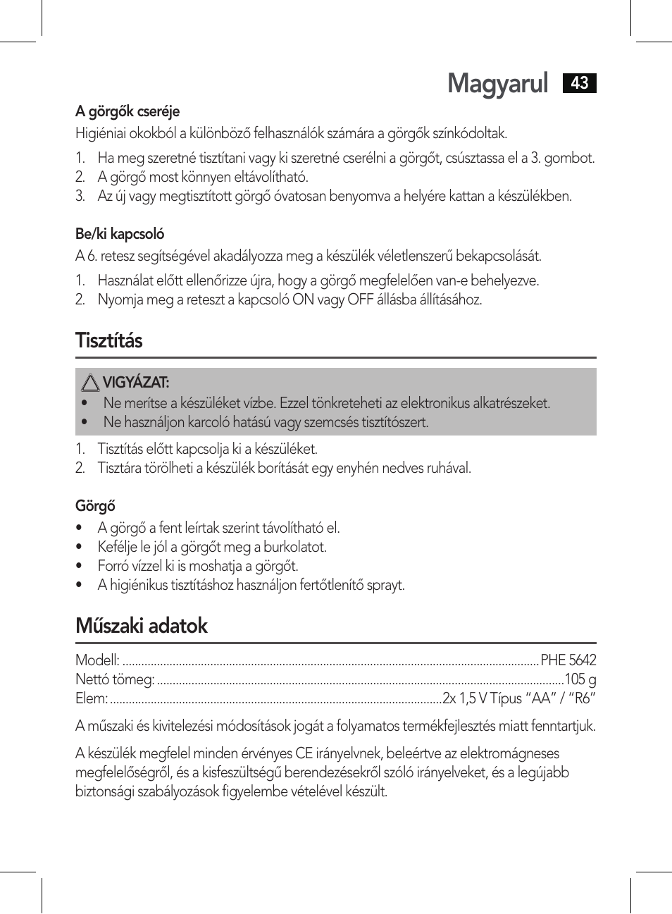 Magyarul, Tisztítás, Műszaki adatok | AEG PHE 5642 User Manual | Page 43 / 58