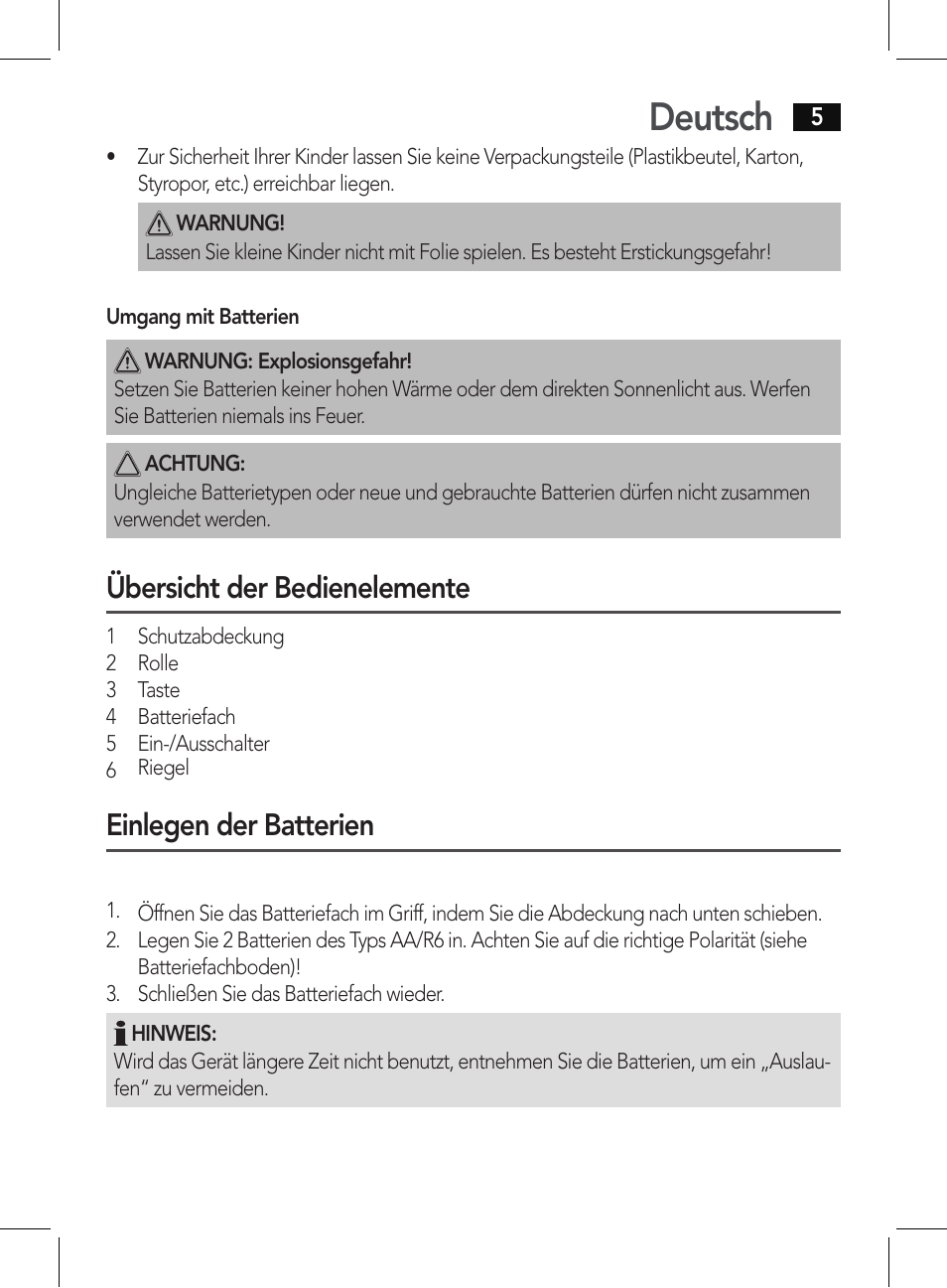 Deutsch, Übersicht der bedienelemente, Einlegen der batterien | AEG PHE 5642 User Manual | Page 5 / 58