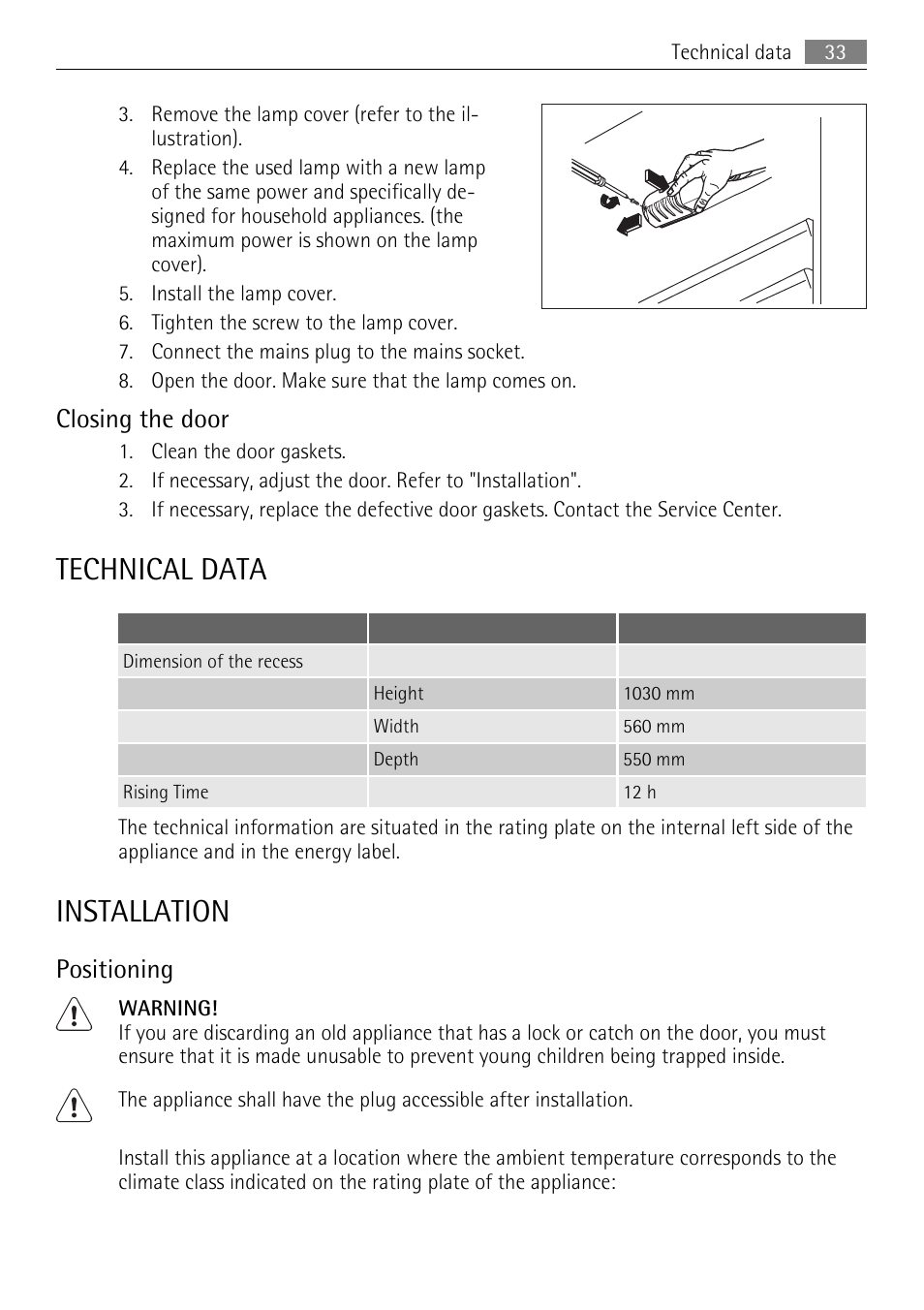 Technical data, Installation, Closing the door | Positioning | AEG SKS51000S0 User Manual | Page 33 / 84