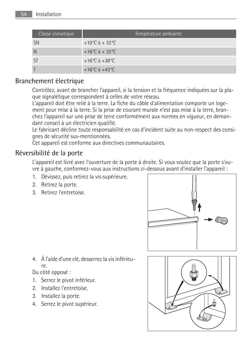 Branchement électrique, Réversibilité de la porte | AEG SKS51000S0 User Manual | Page 54 / 84