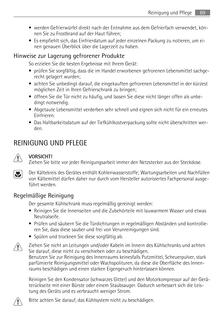 Reinigung und pflege, Hinweise zur lagerung gefrorener produkte, Regelmäßige reinigung | AEG SKS51000S0 User Manual | Page 69 / 84