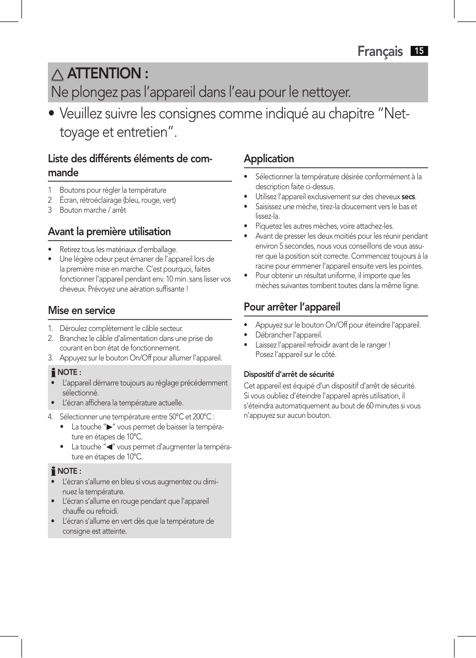 Français, Liste des différents éléments de com- mande, Avant la première utilisation | Mise en service, Application, Pour arrêter l’appareil | AEG HC 5585 User Manual | Page 15 / 50