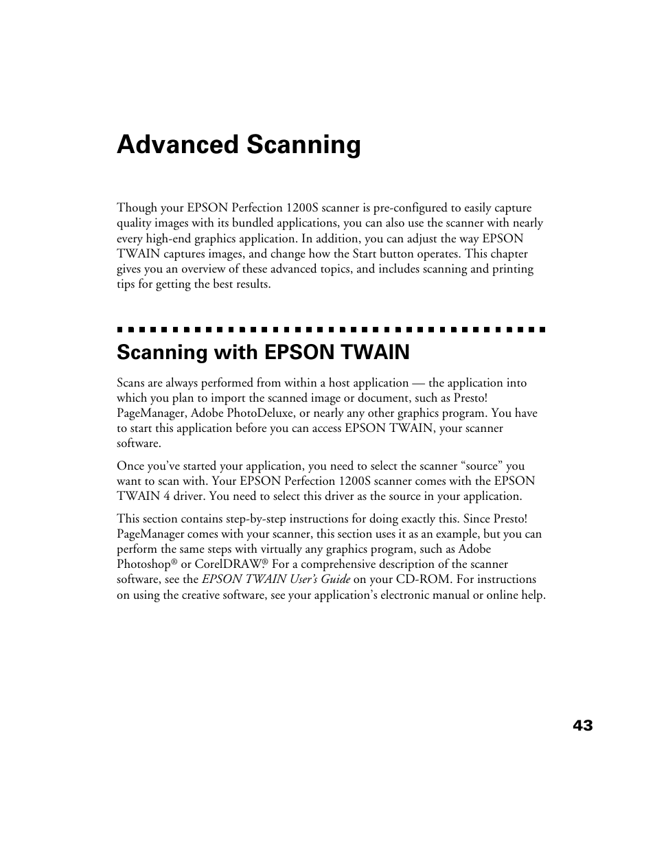 Advanced scanning, Scanning with epson twain | Epson 1200S User Manual | Page 50 / 113