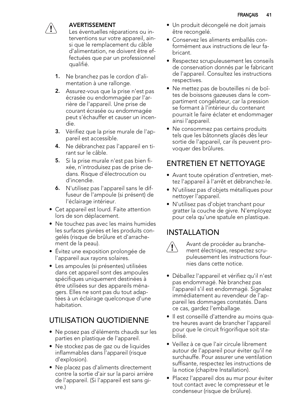 Utilisation quotidienne, Entretien et nettoyage, Installation | AEG AGS57200S0 User Manual | Page 41 / 76