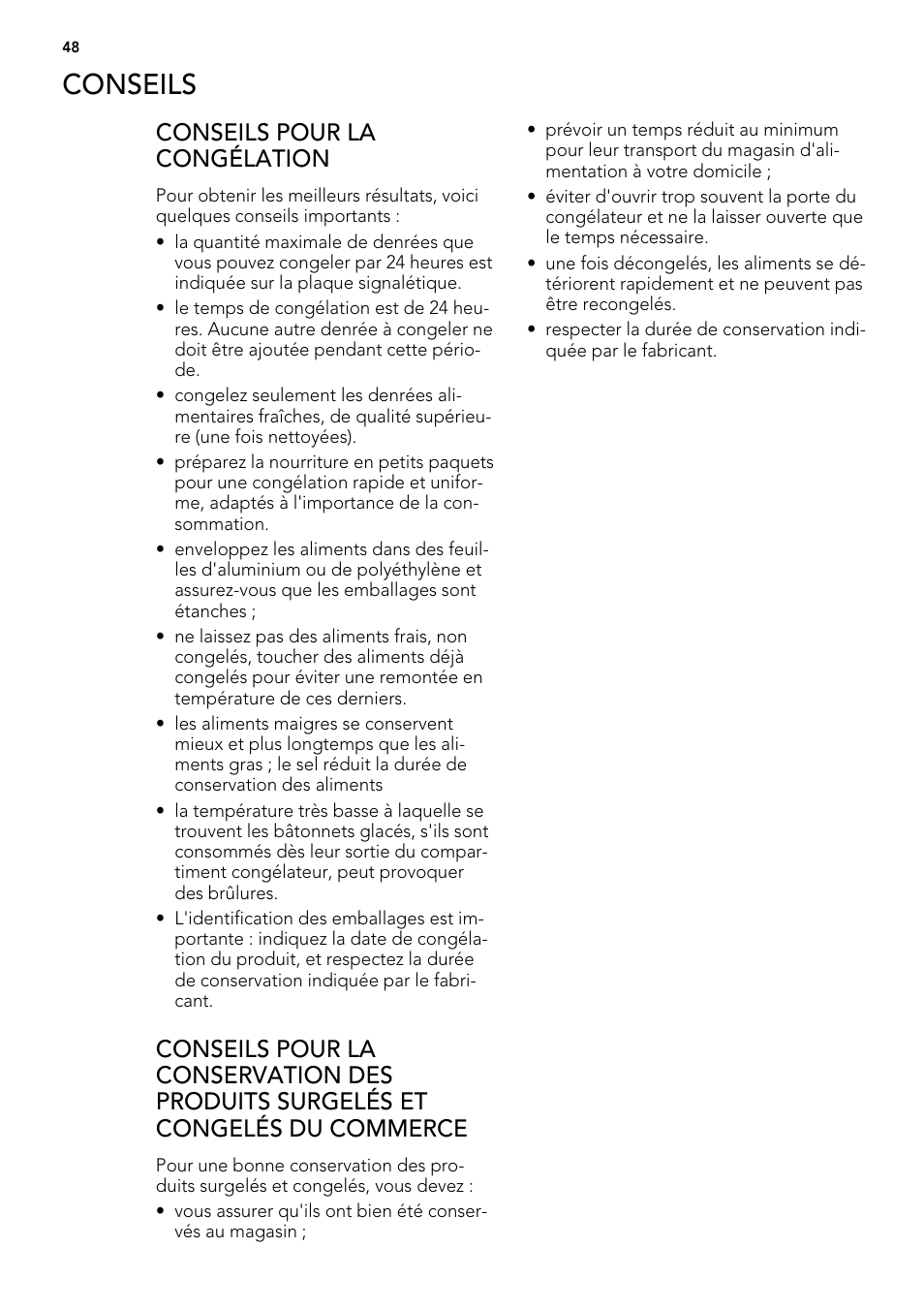 Conseils, Conseils pour la congélation | AEG AGS57200S0 User Manual | Page 48 / 76
