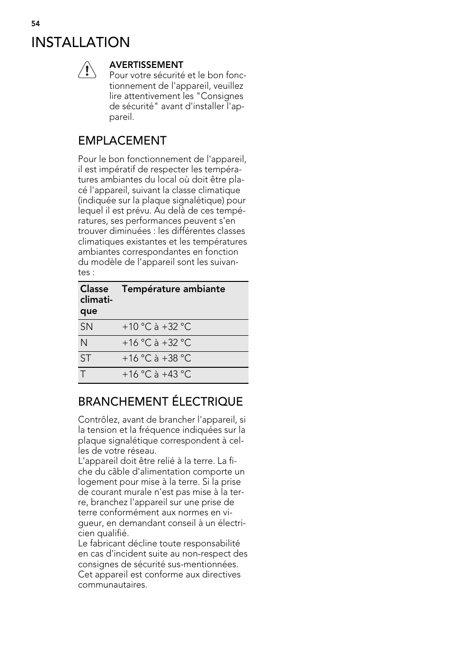 Installation, Emplacement, Branchement électrique | AEG AGS57200S0 User Manual | Page 54 / 76