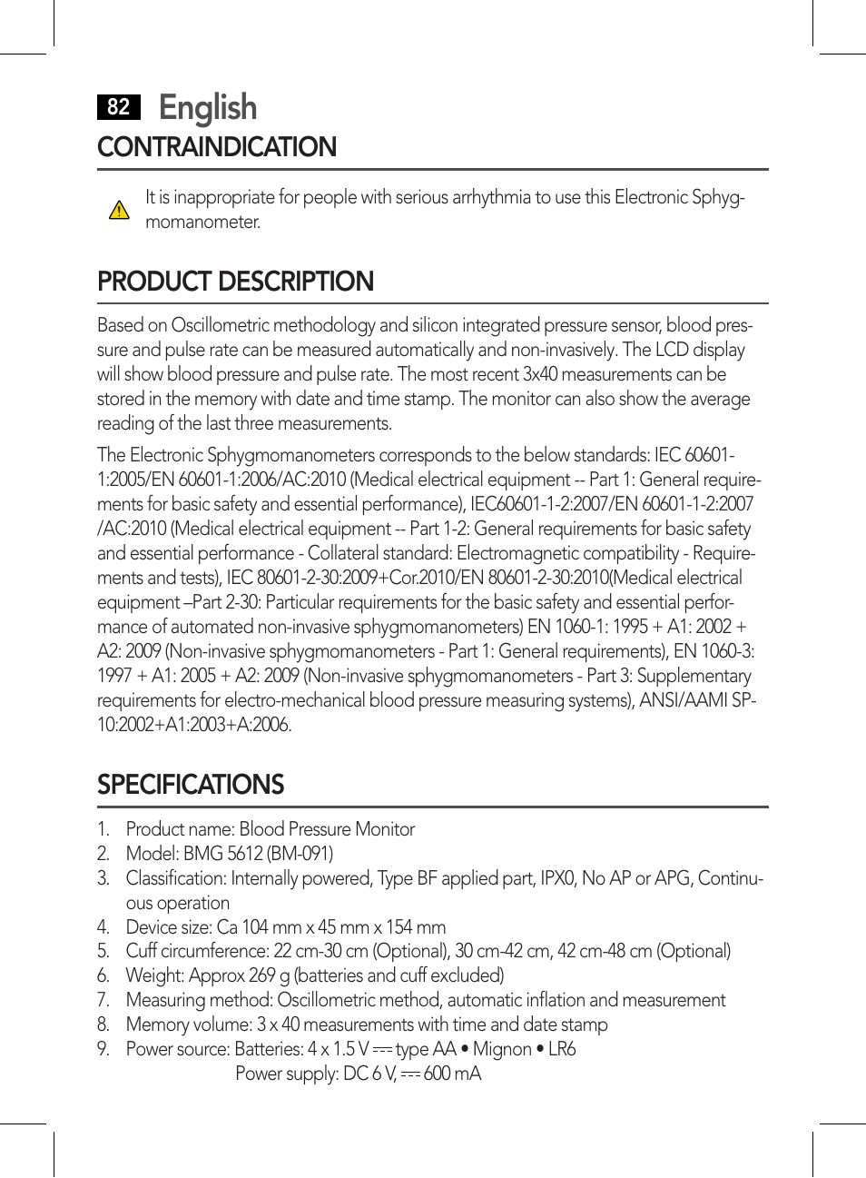 English, Contraindication, Product description | Specifications | AEG BMG 5612 User Manual | Page 82 / 166