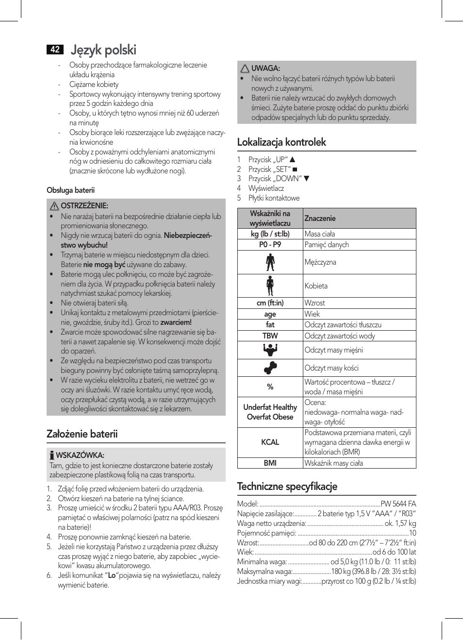 Język polski, Założenie baterii, Lokalizacja kontrolek | Techniczne specyfikacje | AEG PW 5644 FA User Manual | Page 42 / 70