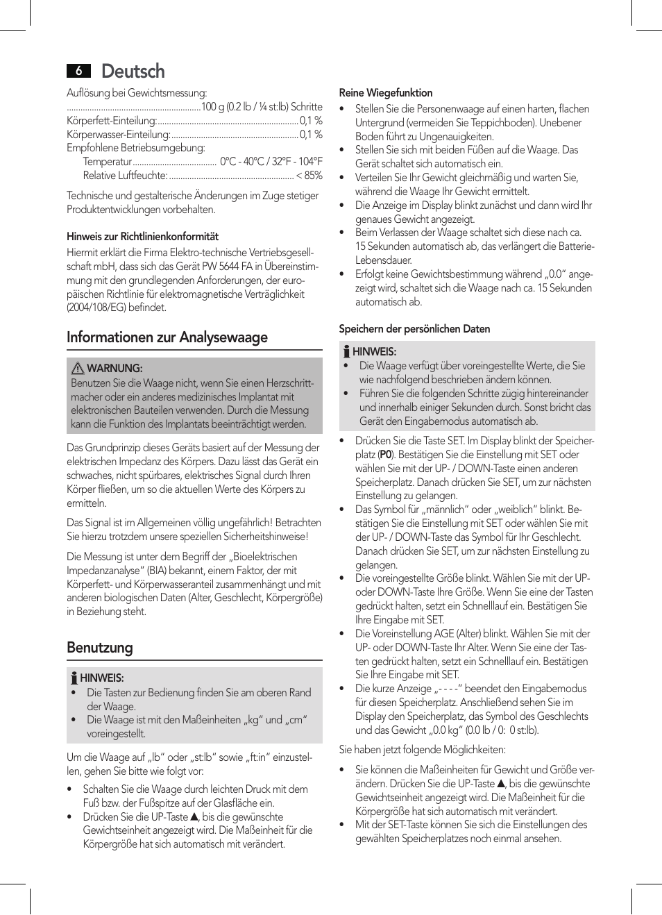 Deutsch, Informationen zur analysewaage, Benutzung | AEG PW 5644 FA User Manual | Page 6 / 70
