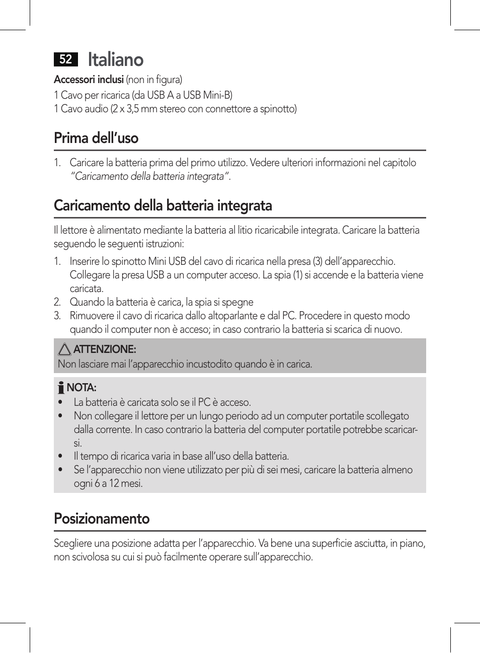 Italiano, Prima dell’uso, Caricamento della batteria integrata | Posizionamento | AEG BSS 4807 User Manual | Page 52 / 86