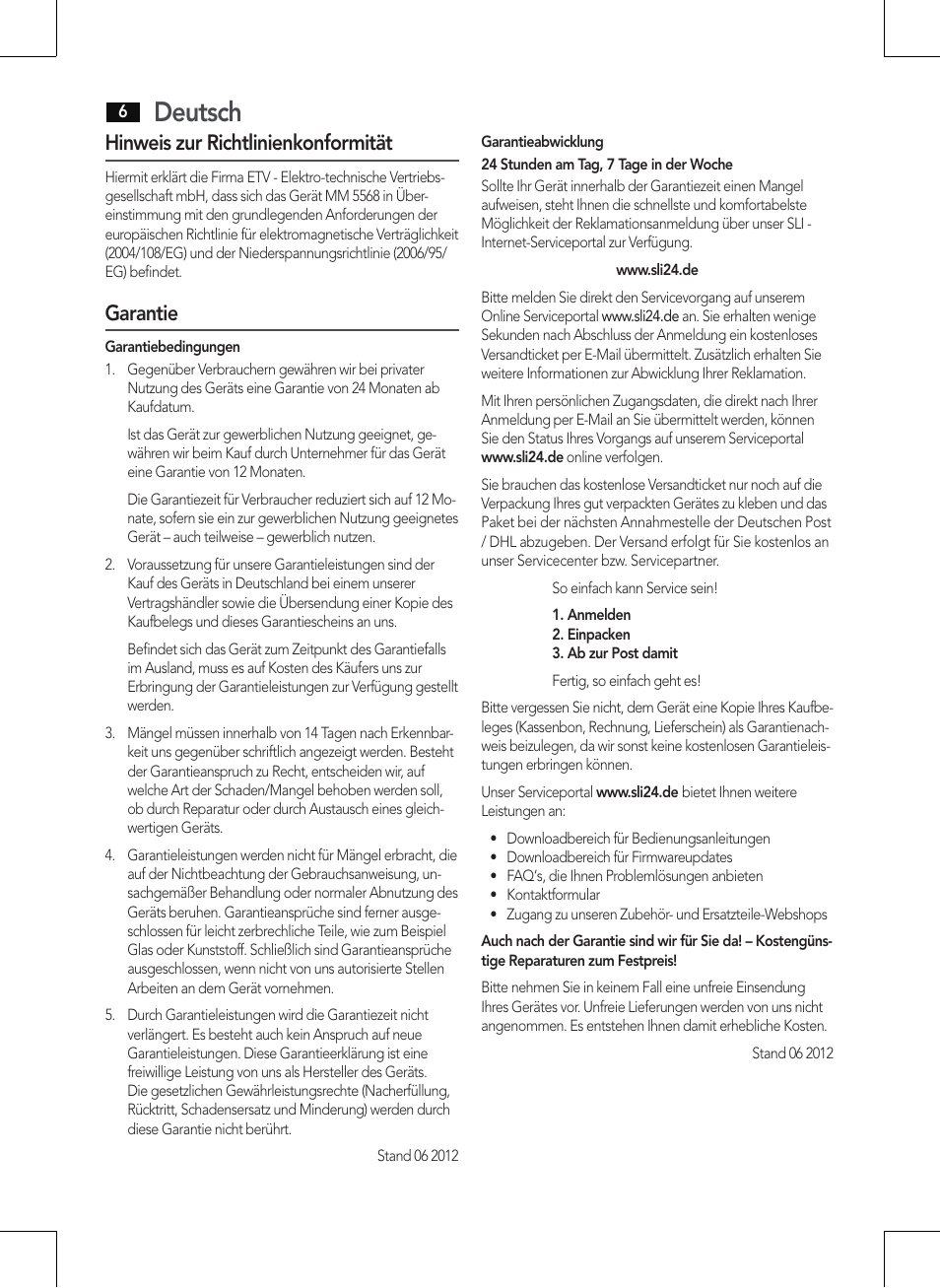 Deutsch, Hinweis zur richtlinienkonformität, Garantie | AEG MM 5568 User Manual | Page 6 / 56