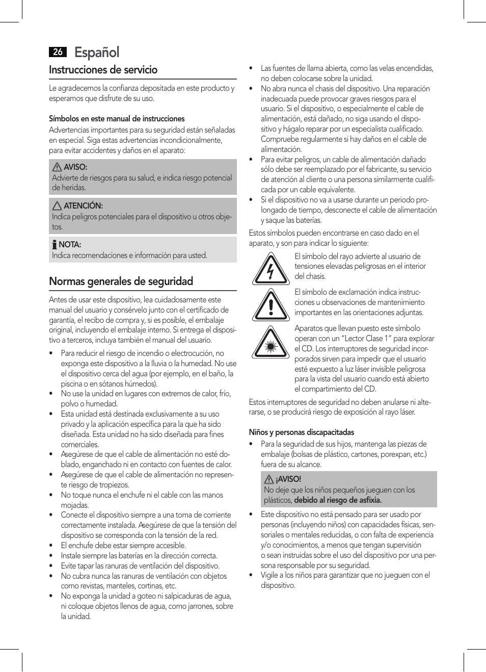 Español, Instrucciones de servicio, Normas generales de seguridad | AEG MC 4421 CD-MP3 N User Manual | Page 26 / 78