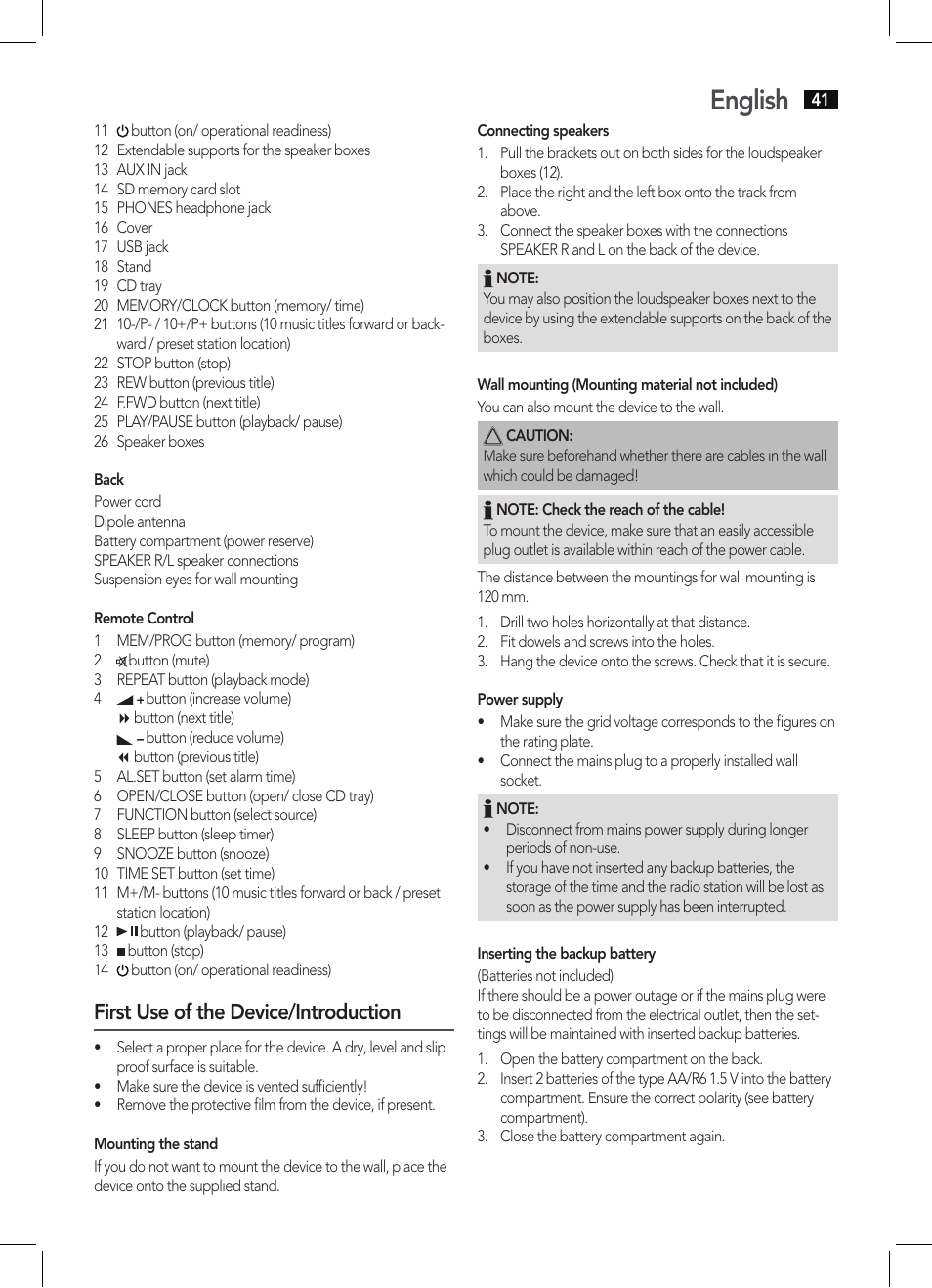 English, First use of the device/introduction | AEG MC 4421 CD-MP3 N User Manual | Page 41 / 78