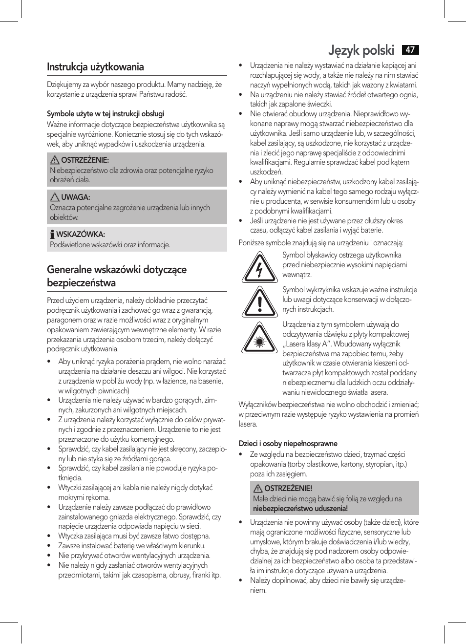 Język polski, Instrukcja użytkowania, Generalne wskazówki dotyczące bezpieczeństwa | AEG MC 4421 CD-MP3 N User Manual | Page 47 / 78