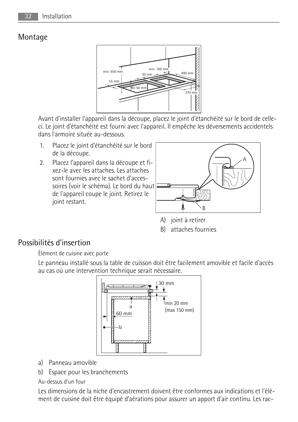 Montage, Possibilités d'insertion | AEG HE604000H User Manual | Page 32 / 52