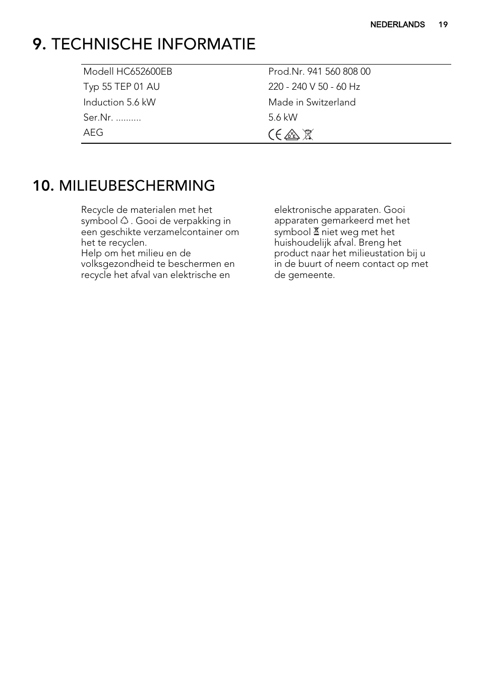 Technische informatie, Milieubescherming | AEG HC452600EB User Manual | Page 19 / 76