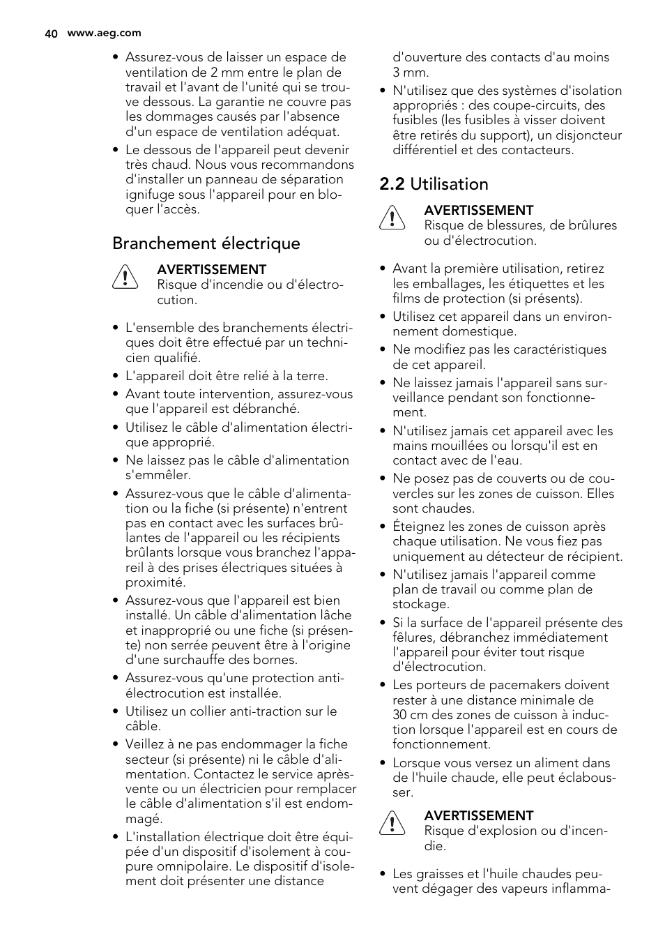Branchement électrique, 2 utilisation | AEG HC452600EB User Manual | Page 40 / 76