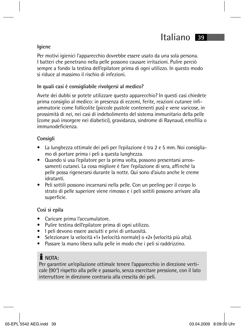 Italiano | AEG EPL 5542 User Manual | Page 39 / 78