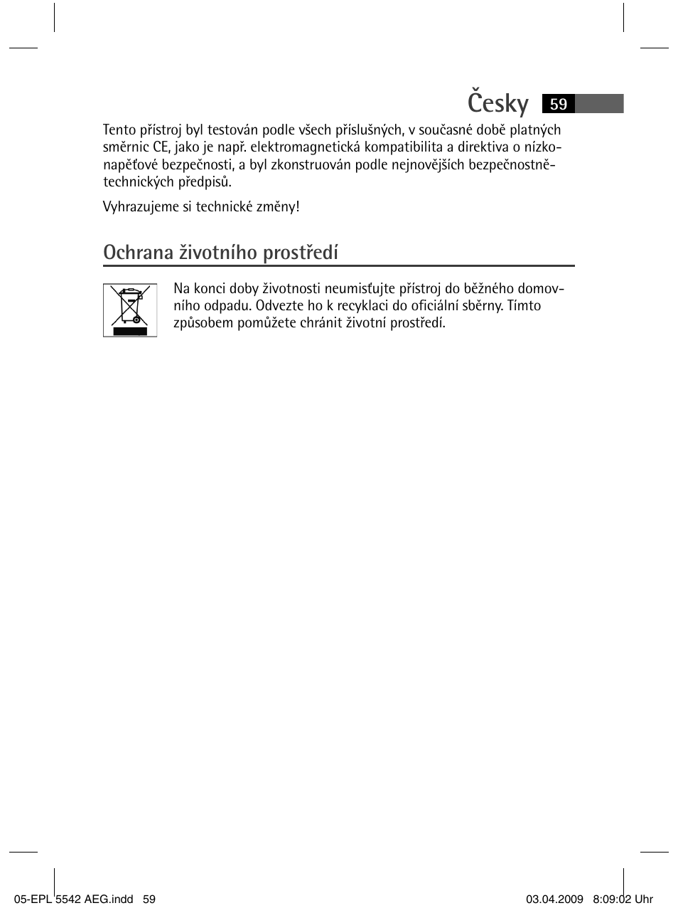 Česky, Ochrana životního prostředí | AEG EPL 5542 User Manual | Page 59 / 78