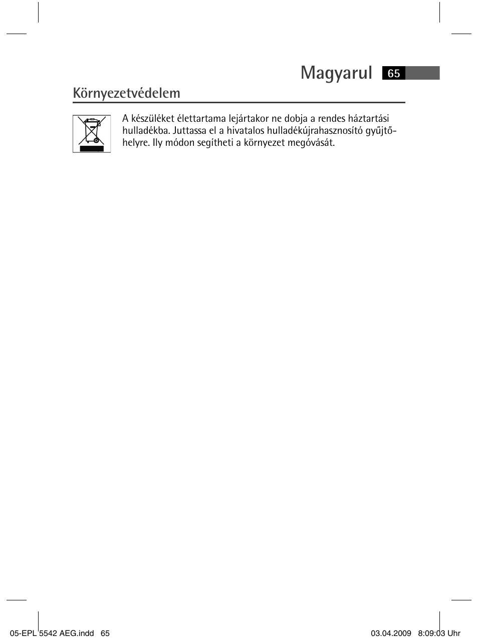 Magyarul, Környezetvédelem | AEG EPL 5542 User Manual | Page 65 / 78