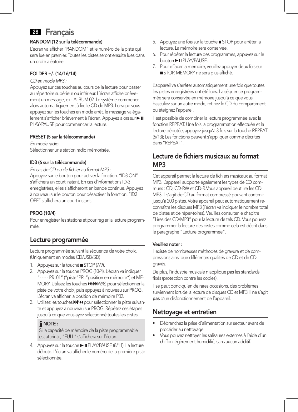 Français, Lecture programmée, Lecture de fichiers musicaux au format mp3 | Nettoyage et entretien | AEG BSS 4808 User Manual | Page 28 / 90