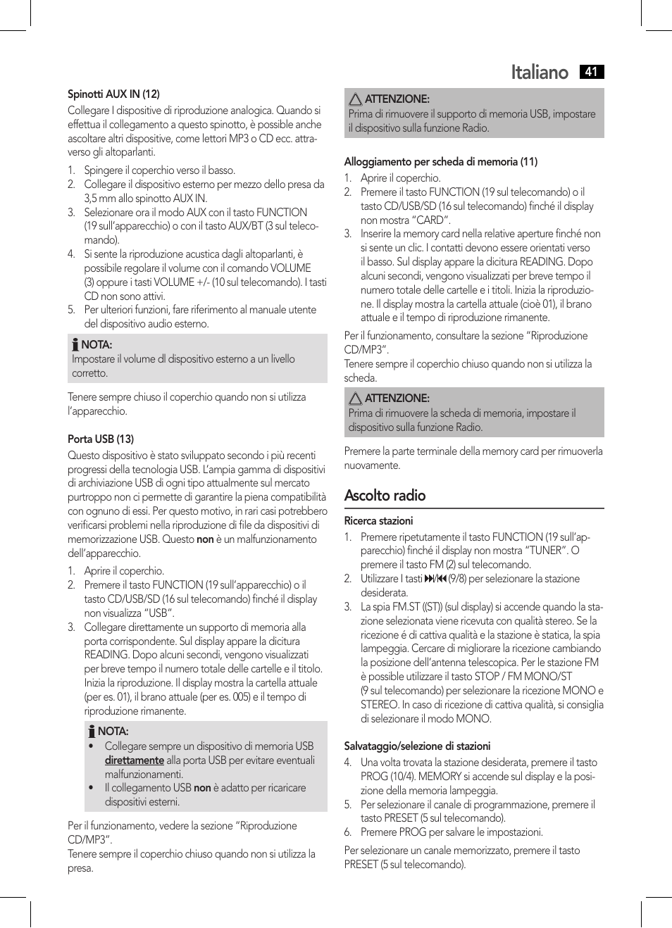 Italiano, Ascolto radio | AEG BSS 4808 User Manual | Page 41 / 90