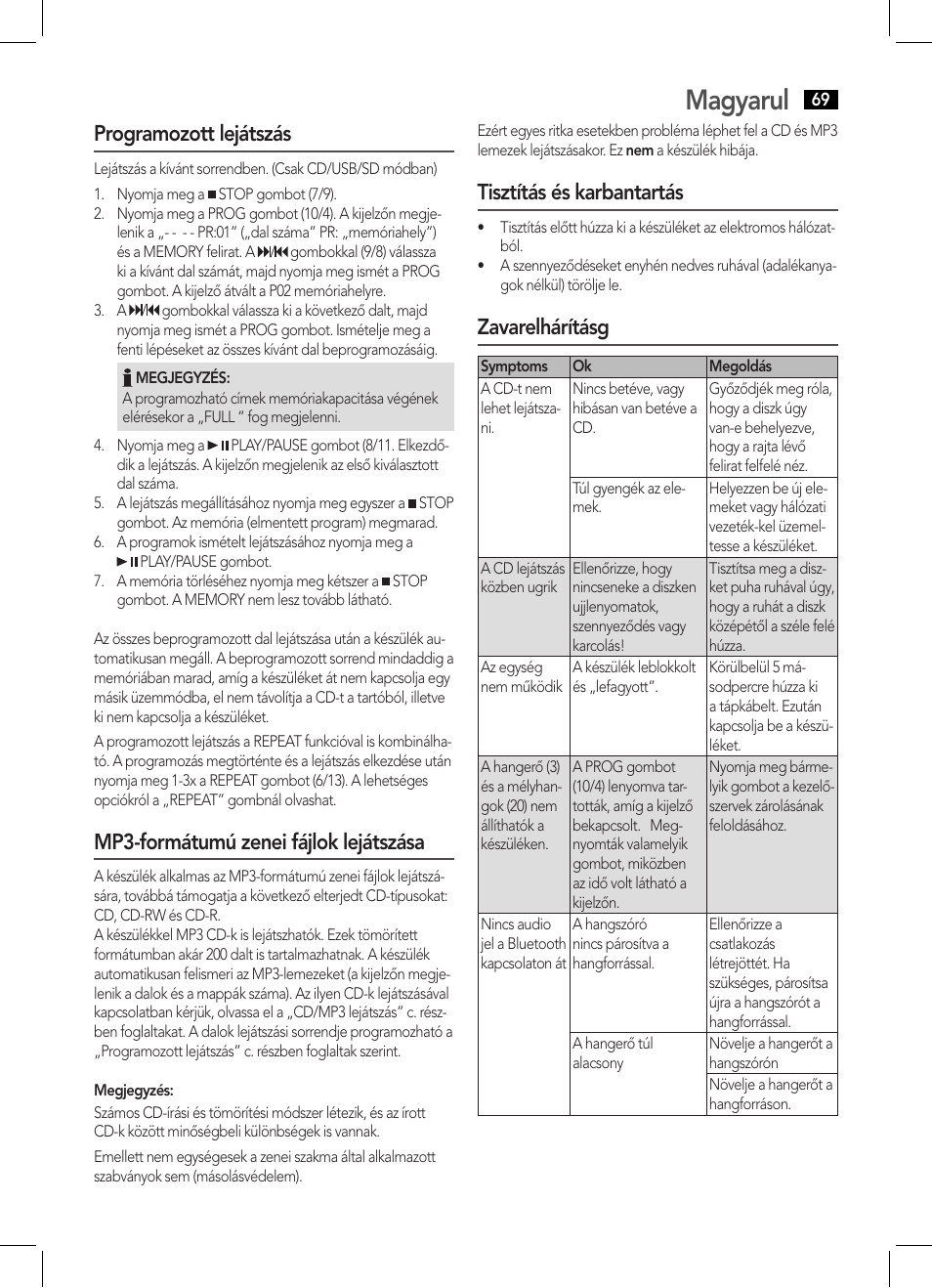 Magyarul, Programozott lejátszás, Mp3-formátumú zenei fájlok lejátszása | Tisztítás és karbantartás, Zavarelhárításg | AEG BSS 4808 User Manual | Page 69 / 90