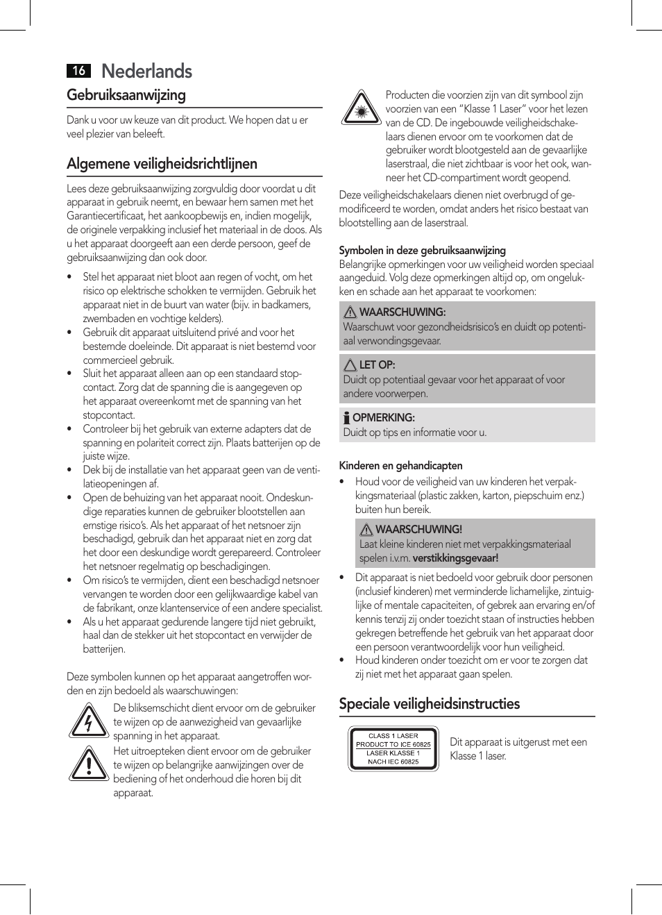 Nederlands, Gebruiksaanwijzing, Algemene veiligheidsrichtlijnen | Speciale veiligheidsinstructies | AEG MC 4456 iP User Manual | Page 16 / 62