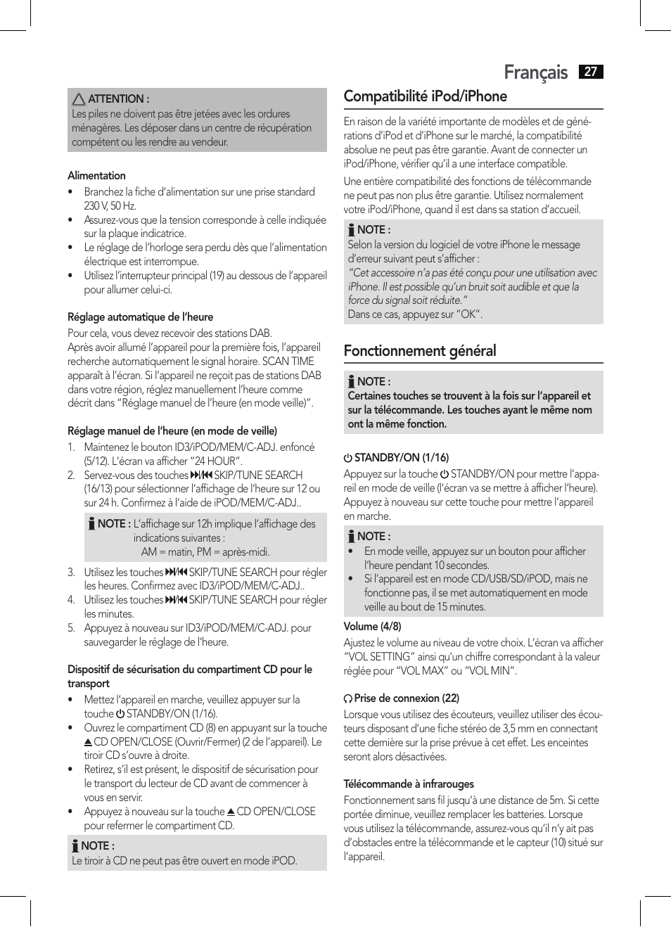 Français, Compatibilité ipod/iphone, Fonctionnement général | AEG MC 4456 iP User Manual | Page 27 / 62
