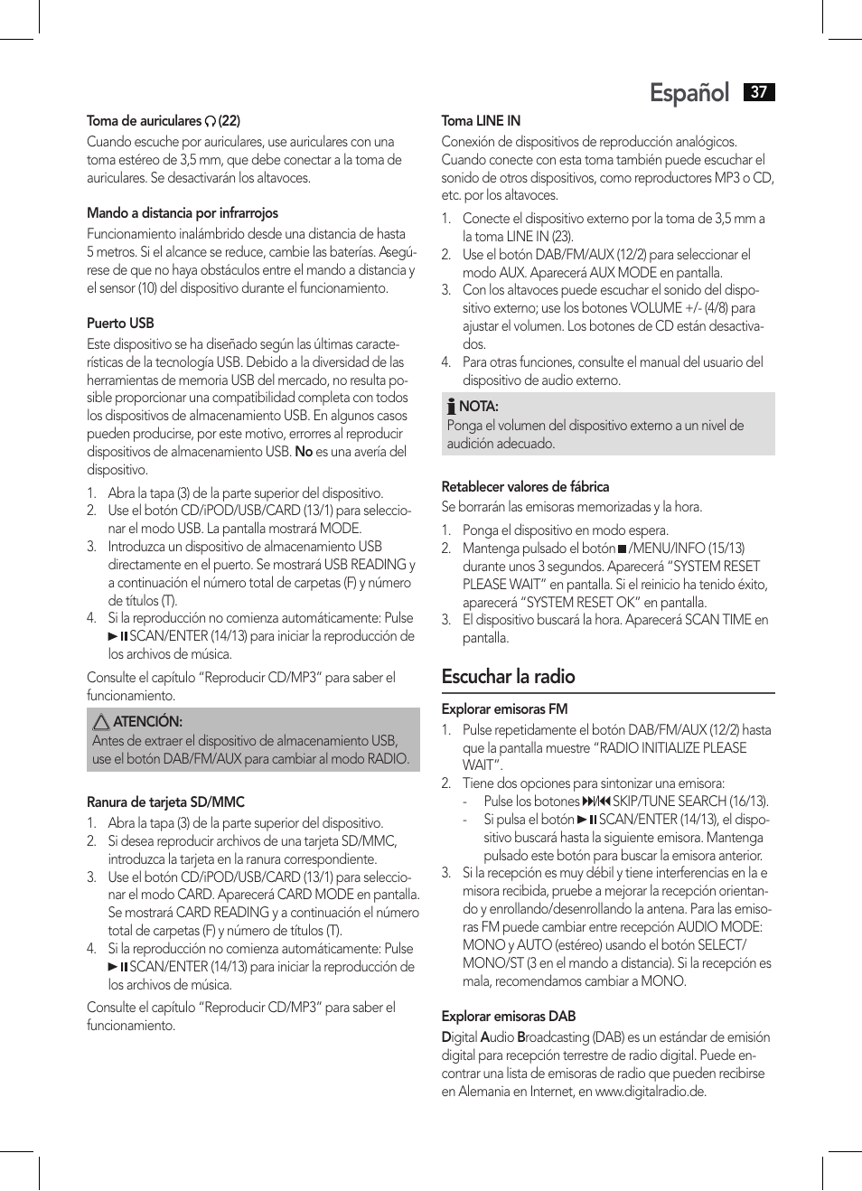 Español, Escuchar la radio | AEG MC 4456 iP User Manual | Page 37 / 62
