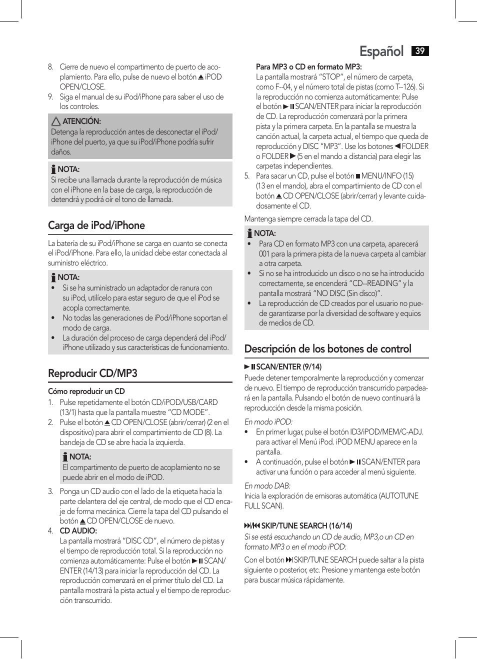 Español, Carga de ipod/iphone, Reproducir cd/mp3 | Descripción de los botones de control | AEG MC 4456 iP User Manual | Page 39 / 62