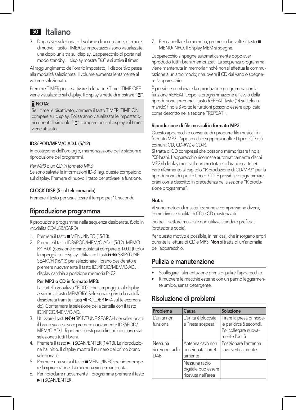 Italiano, Riproduzione programma, Pulizia e manutenzione | Risoluzione di problemi | AEG MC 4456 iP User Manual | Page 50 / 62