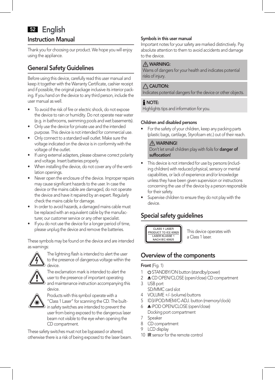 English, Instruction manual, General safety guidelines | Special safety guidelines, Overview of the components | AEG MC 4456 iP User Manual | Page 52 / 62