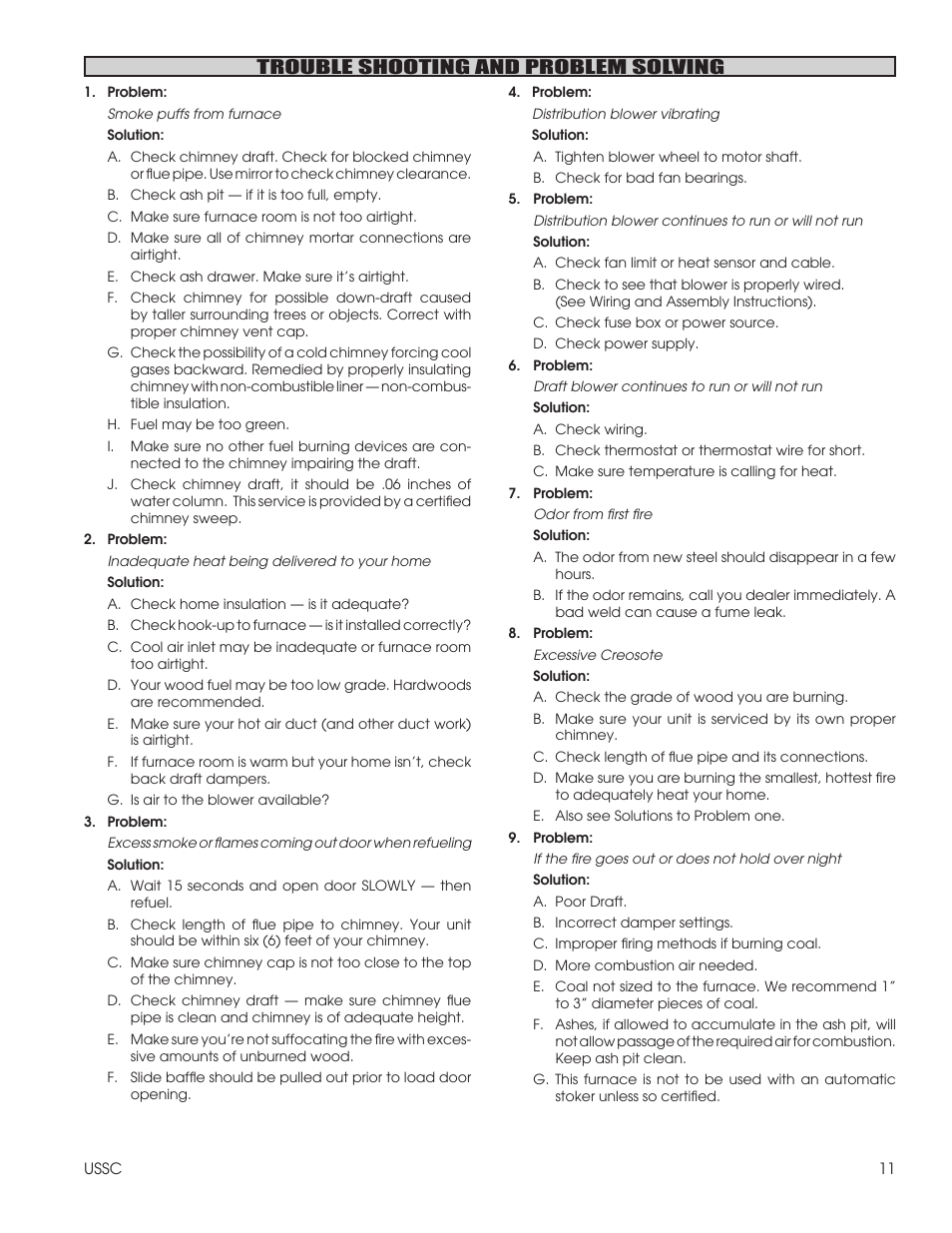Trouble shooting and problem solving | United States Stove Company 1602R User Manual | Page 11 / 20