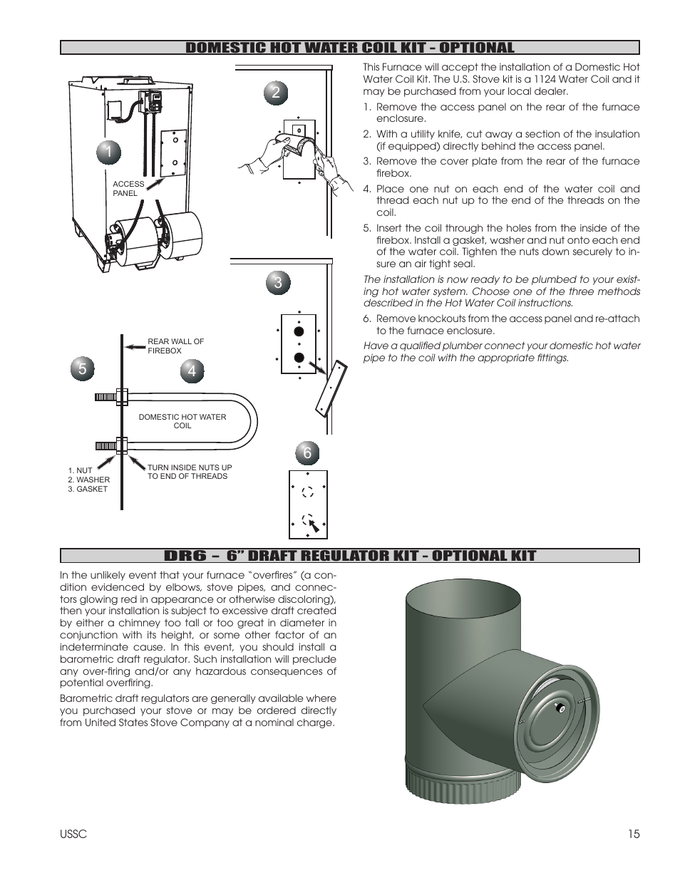 Domestic hot water coil kit - optional, Dr6 - 6” draft regulator kit - optional kit | United States Stove Company 1602R User Manual | Page 15 / 20