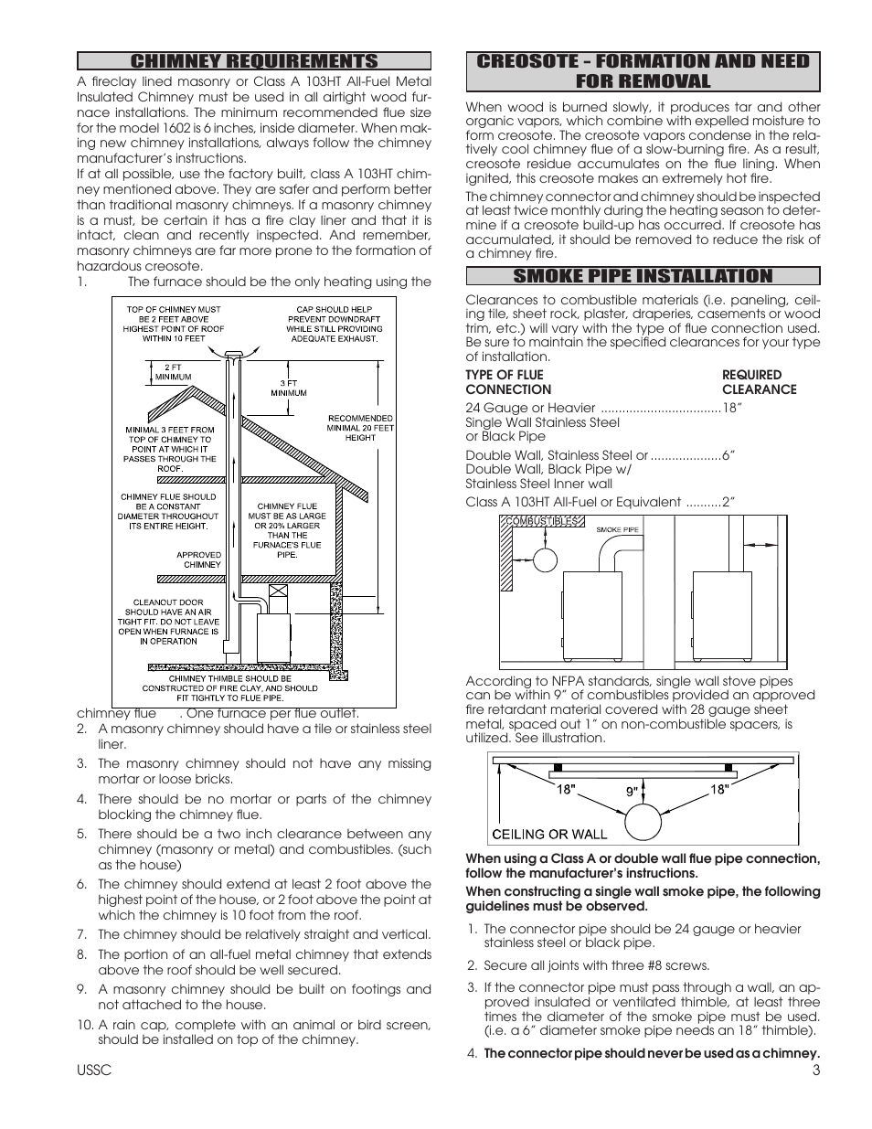 Chimney requirements, Creosote - formation and need for removal, Smoke pipe installation | United States Stove Company 1602R User Manual | Page 3 / 20