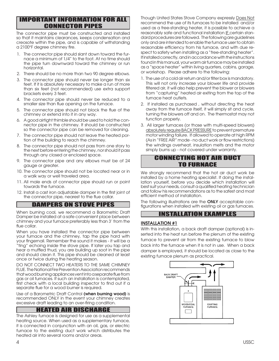 Dampers on stove pipes, Heated air discharge, Connecting hot air duct to furnace | Installation examples, Important information for all connector pipes | United States Stove Company 1602R User Manual | Page 4 / 20