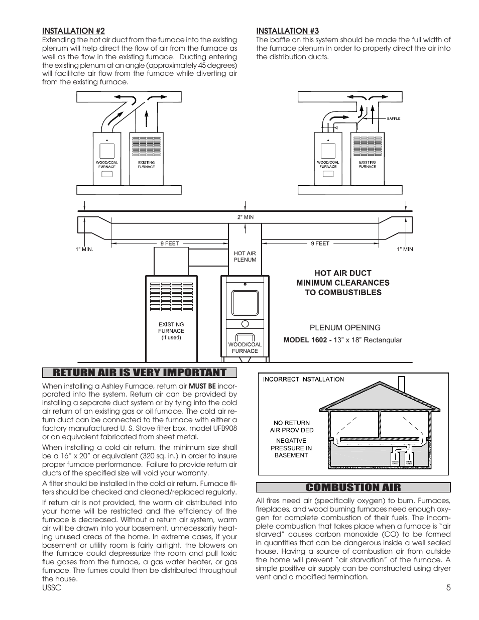 Return air is very important, Combustion air | United States Stove Company 1602R User Manual | Page 5 / 20