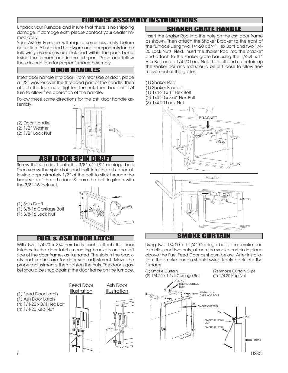 Furnace assembly instructions, Door handles, Ash door spin draft | Fuel & ash door latch, Shaker grate handle, Smoke curtain | United States Stove Company 1602R User Manual | Page 6 / 20