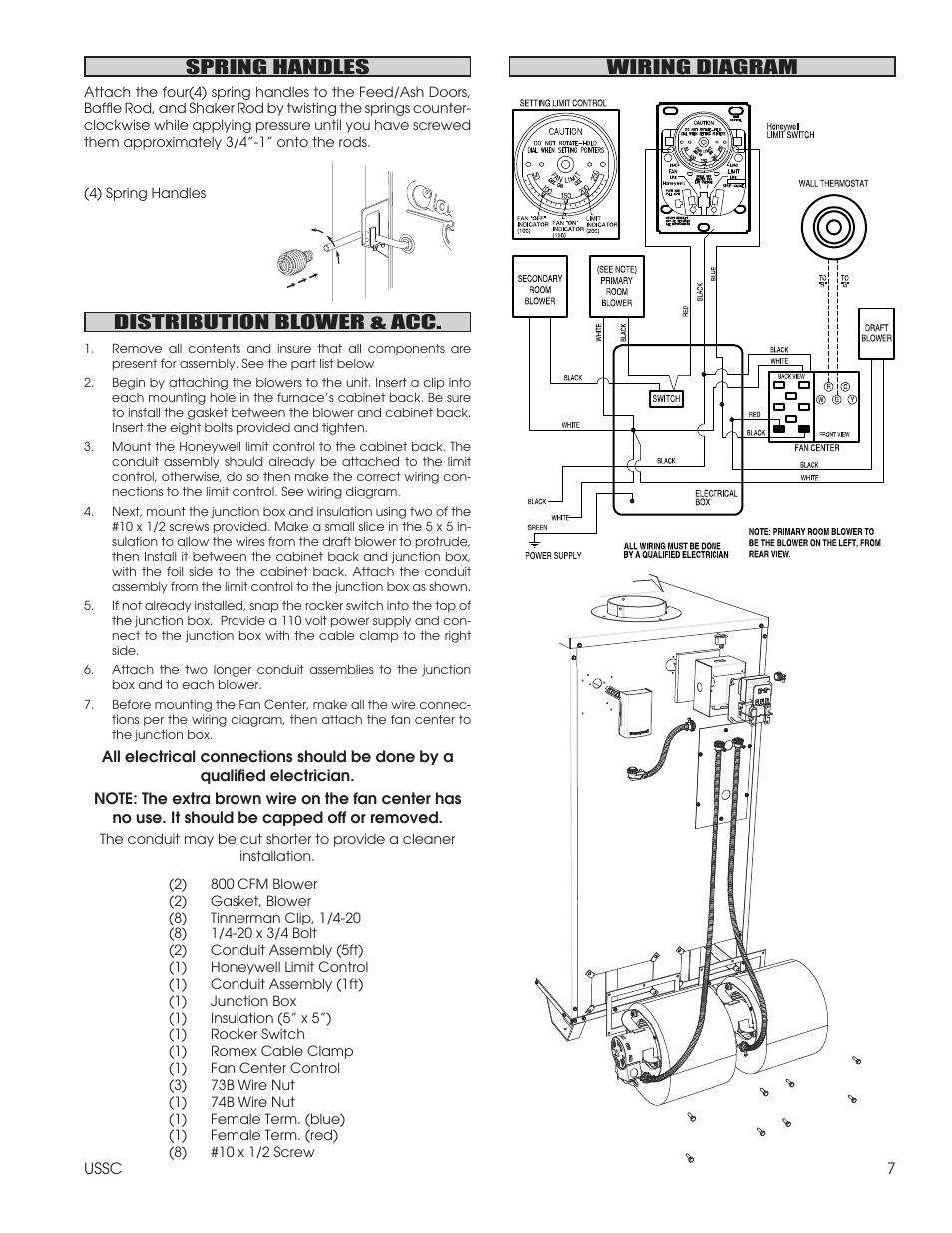 Spring handles, Distribution blower & acc, Wiring diagram | United States Stove Company 1602R User Manual | Page 7 / 20
