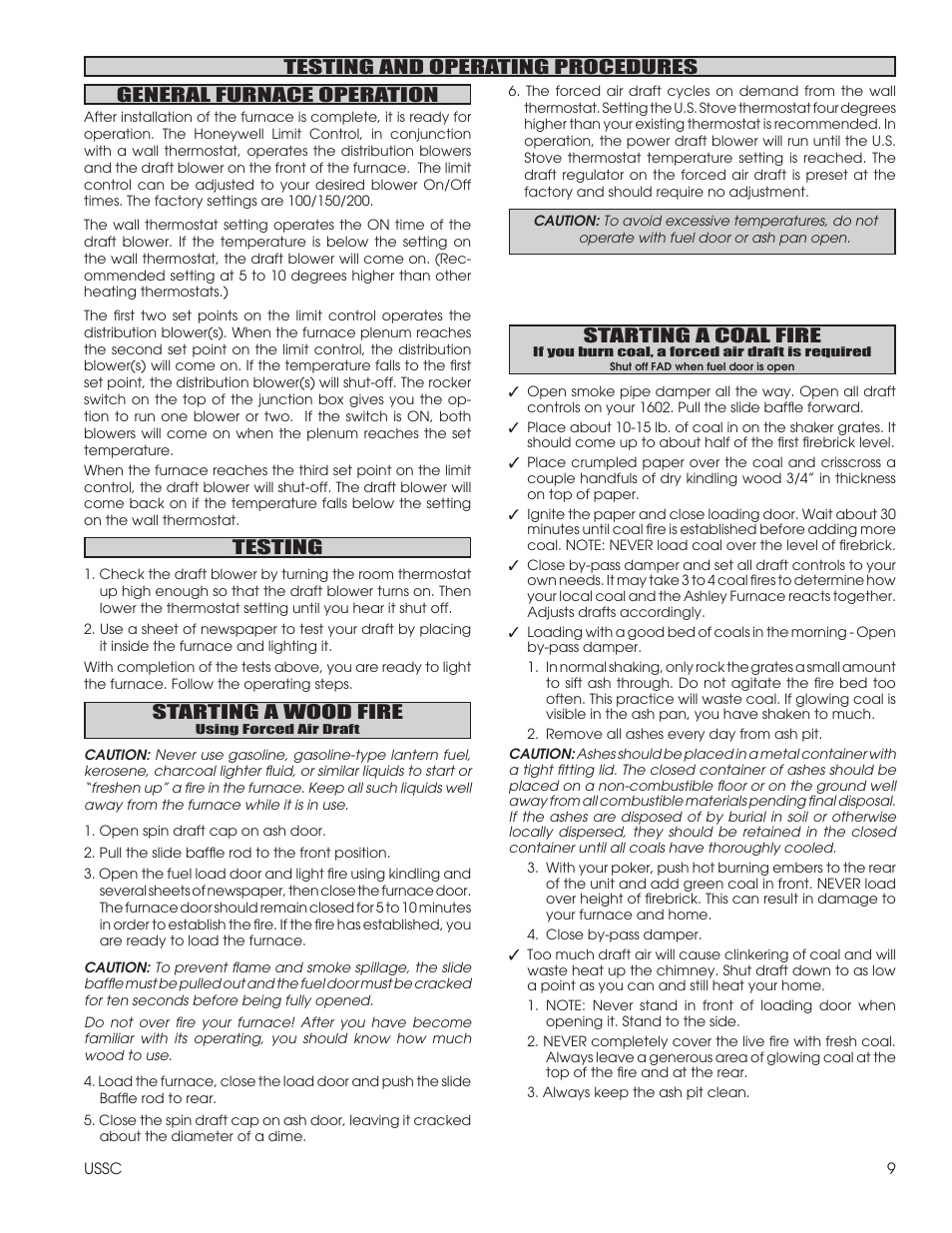 Testing starting a wood fire, Starting a coal fire | United States Stove Company 1602R User Manual | Page 9 / 20