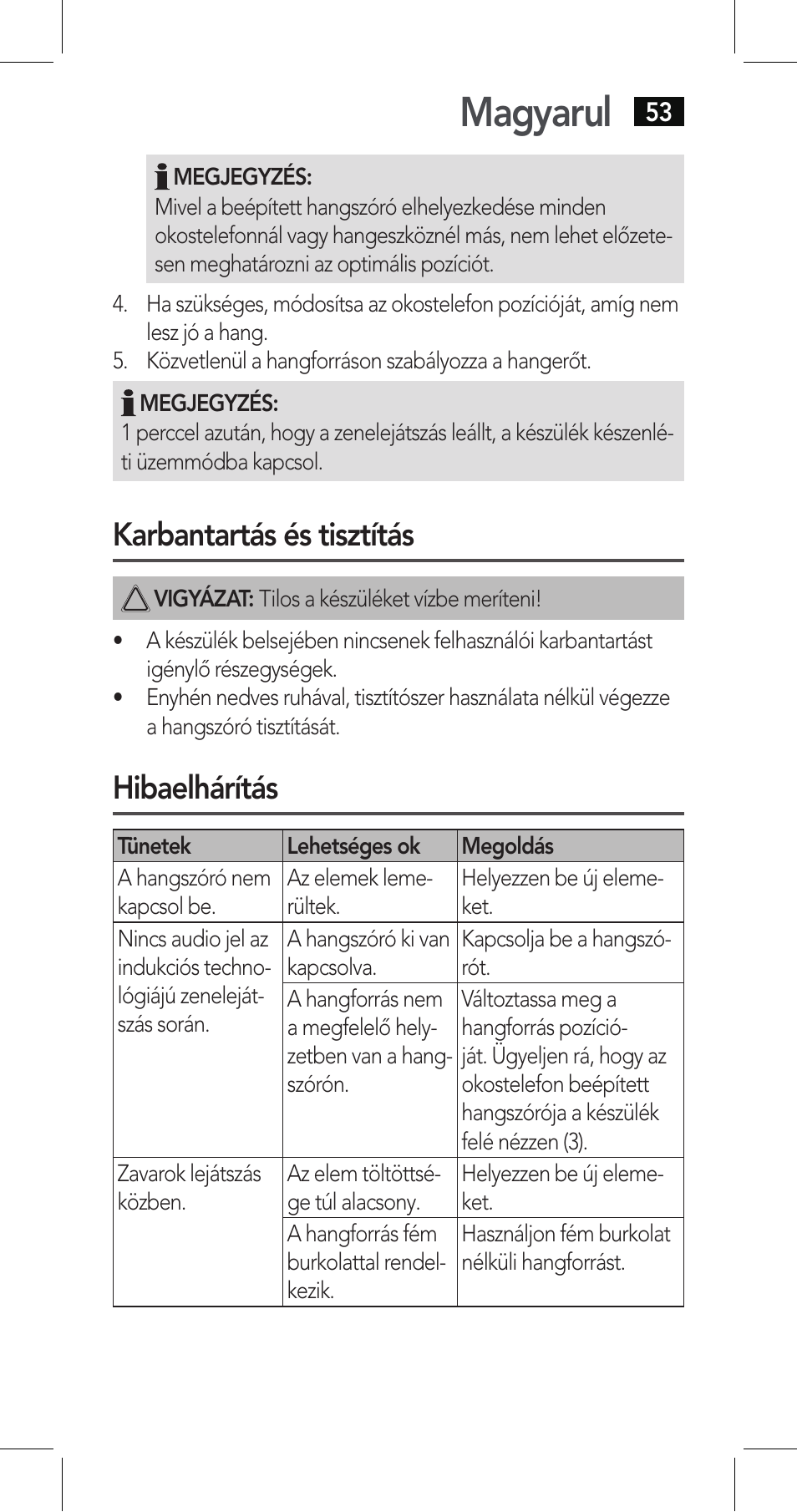 Magyarul, Karbantartás és tisztítás, Hibaelhárítás | AEG LBI 4719 User Manual | Page 53 / 70